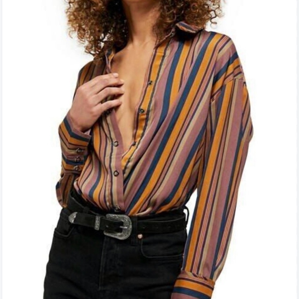 Free People Striped Multicolor Button-Up Shirt XS